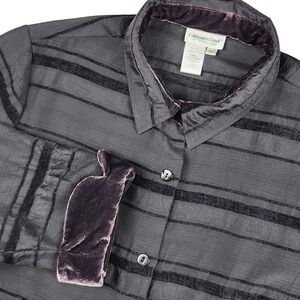 Coldwater Creek Button Up Shirt Womens XL Black Striped Velvet Trim Long Sleeve